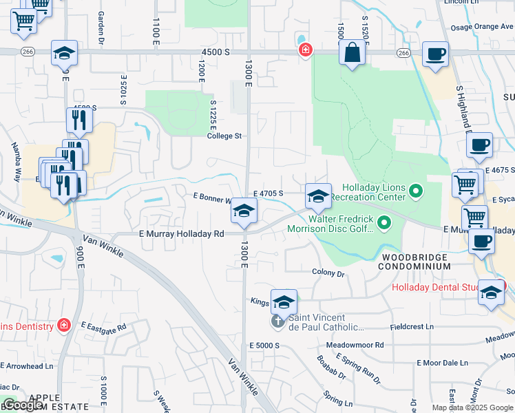 map of restaurants, bars, coffee shops, grocery stores, and more near 1341 East 4750 South in Salt Lake City