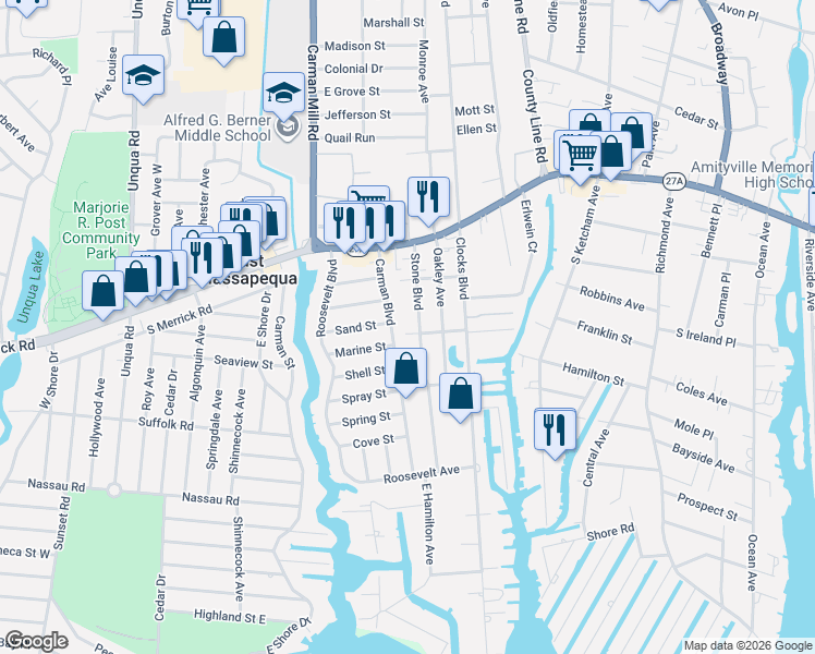 map of restaurants, bars, coffee shops, grocery stores, and more near 78 Marine Street in Massapequa