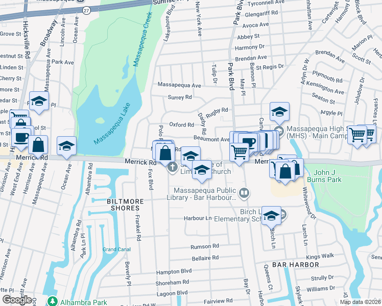 map of restaurants, bars, coffee shops, grocery stores, and more near 4711 Merrick Road in Massapequa