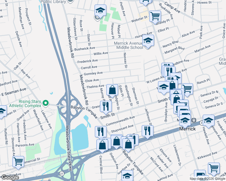 map of restaurants, bars, coffee shops, grocery stores, and more near 2045 Lindgren Street in Merrick