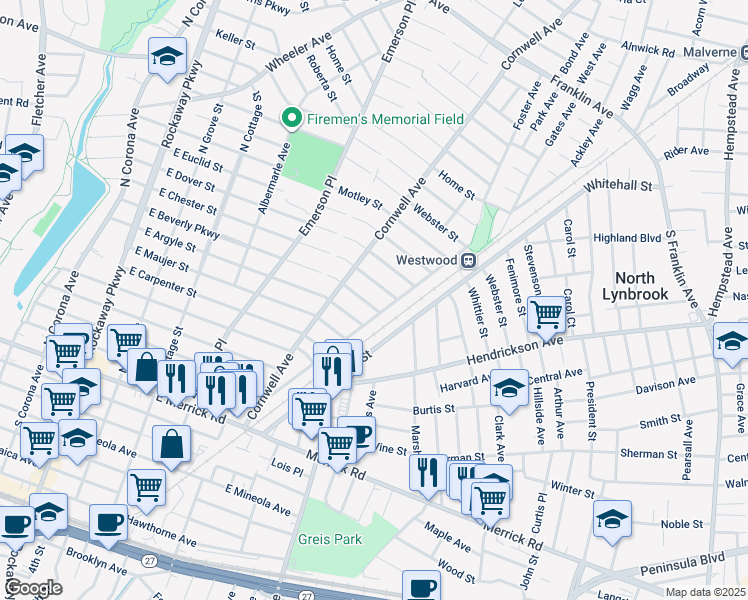 map of restaurants, bars, coffee shops, grocery stores, and more near 273 East Argyle Street in Valley Stream