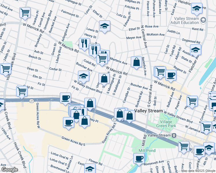 map of restaurants, bars, coffee shops, grocery stores, and more near 82 South Montague Street in Valley Stream