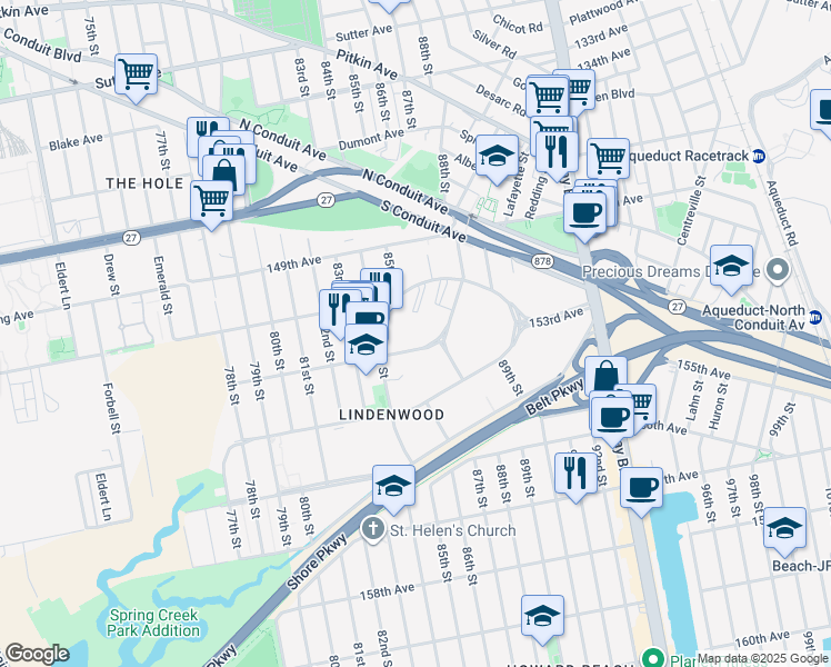 map of restaurants, bars, coffee shops, grocery stores, and more near 79-20 153rd Avenue in Queens