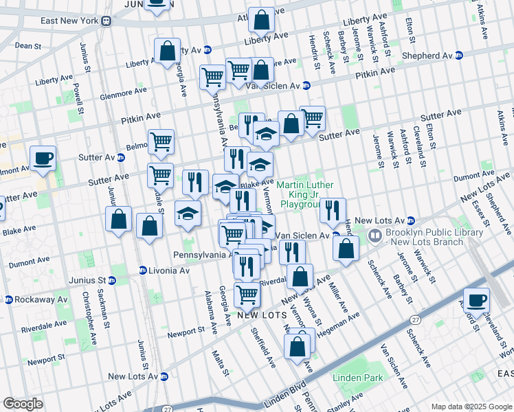 map of restaurants, bars, coffee shops, grocery stores, and more near 702 Dumont Avenue in Brooklyn