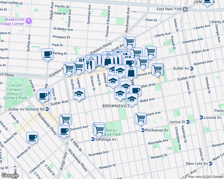 map of restaurants, bars, coffee shops, grocery stores, and more near 188 Sutter Avenue in Brooklyn