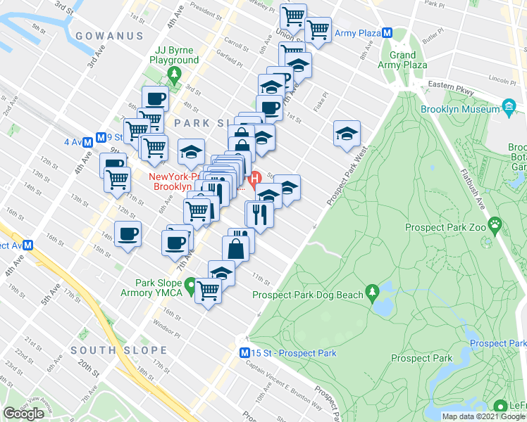 map of restaurants, bars, coffee shops, grocery stores, and more near 615 8th Avenue in Brooklyn