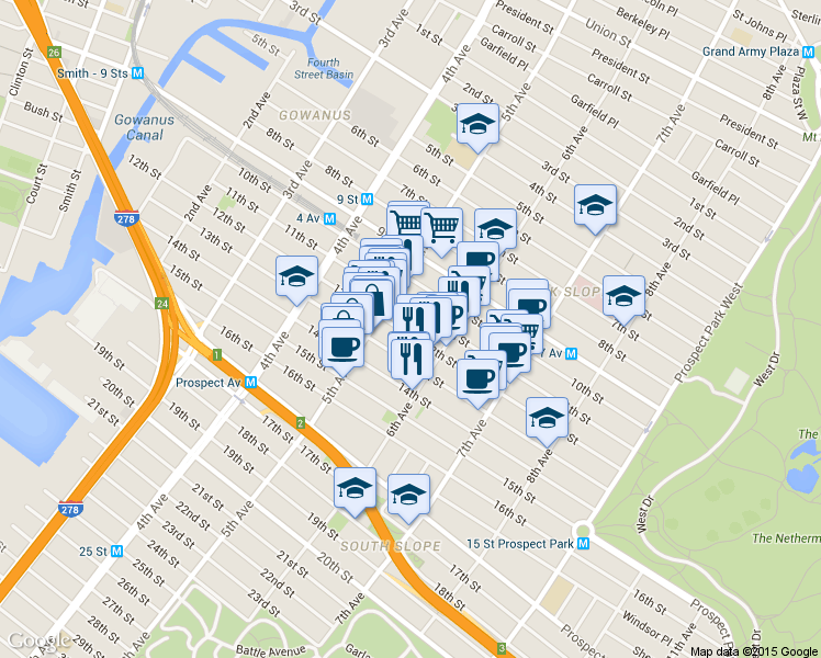 map of restaurants, bars, coffee shops, grocery stores, and more near 486 6th Avenue in Brooklyn
