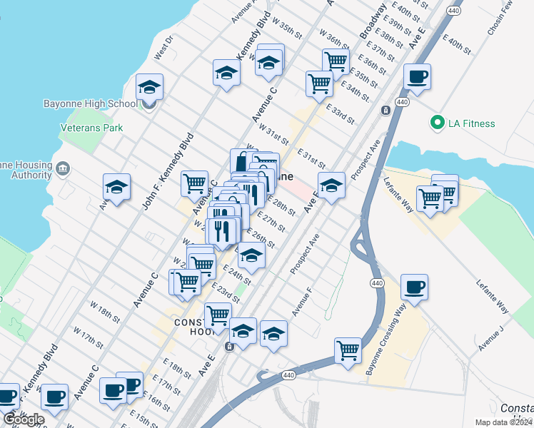 map of restaurants, bars, coffee shops, grocery stores, and more near 13 East 26th Street in Bayonne
