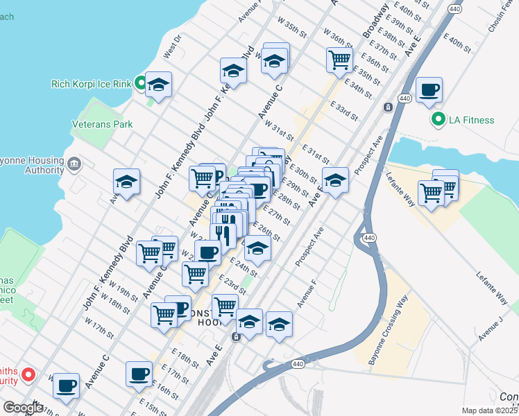 map of restaurants, bars, coffee shops, grocery stores, and more near in Bayonne