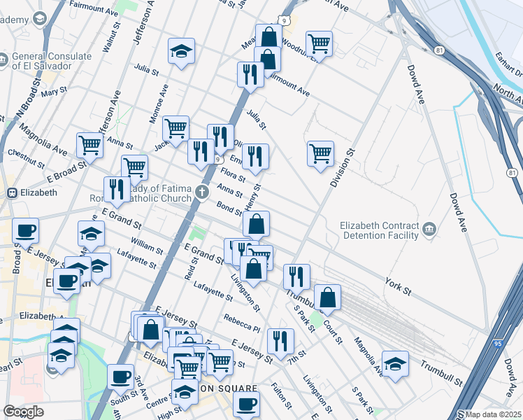 map of restaurants, bars, coffee shops, grocery stores, and more near 874 Bond Street in Elizabeth