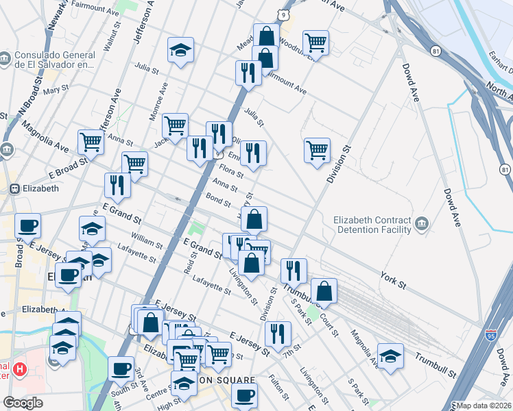 map of restaurants, bars, coffee shops, grocery stores, and more near 874 Bond Street in Elizabeth