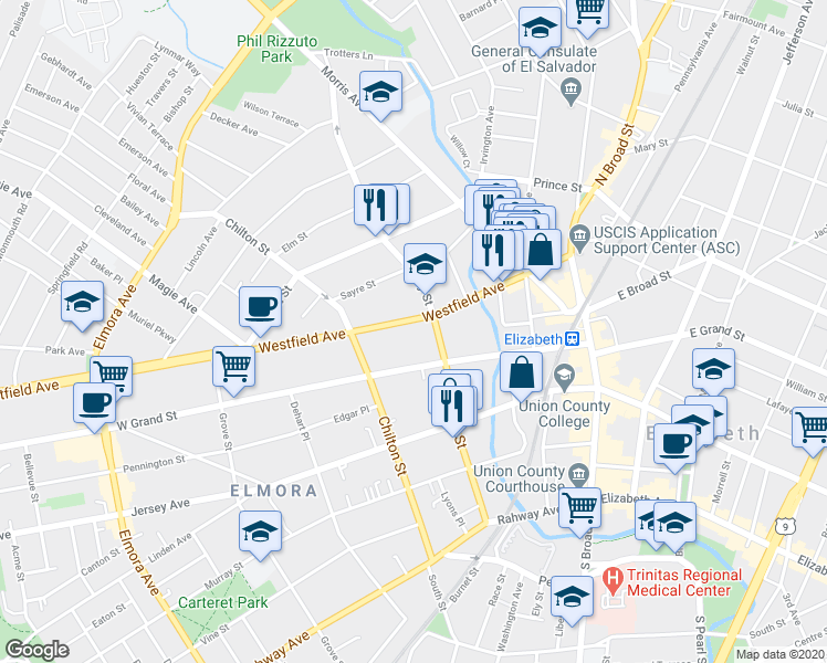 map of restaurants, bars, coffee shops, grocery stores, and more near 117 West Grand Street in Elizabeth