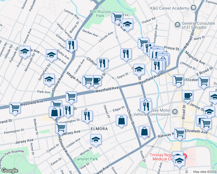 map of restaurants, bars, coffee shops, grocery stores, and more near 236 Westfield Avenue in Elizabeth