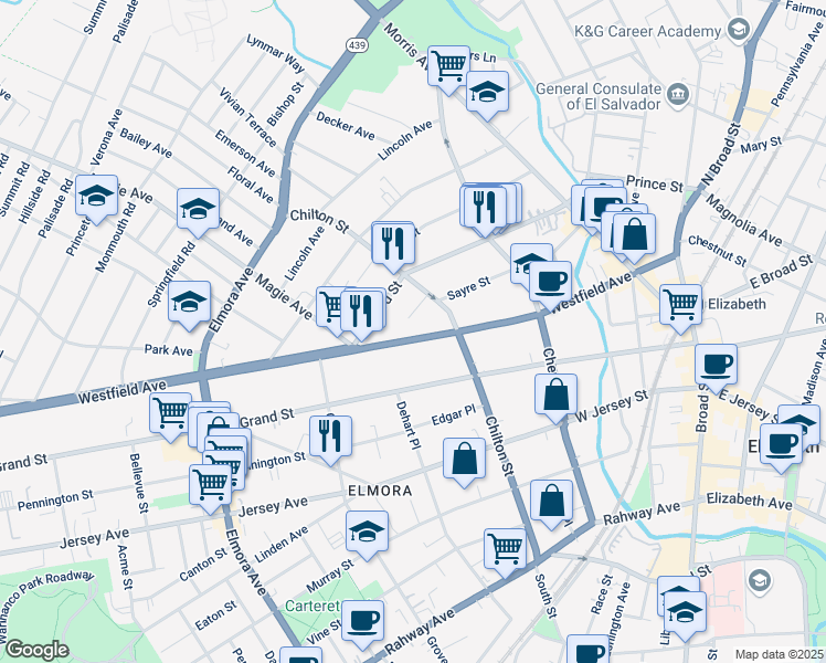map of restaurants, bars, coffee shops, grocery stores, and more near 236 Westfield Avenue in Elizabeth