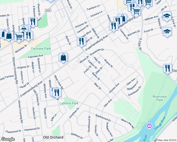 map of restaurants, bars, coffee shops, grocery stores, and more near 223 Berks Street in Easton