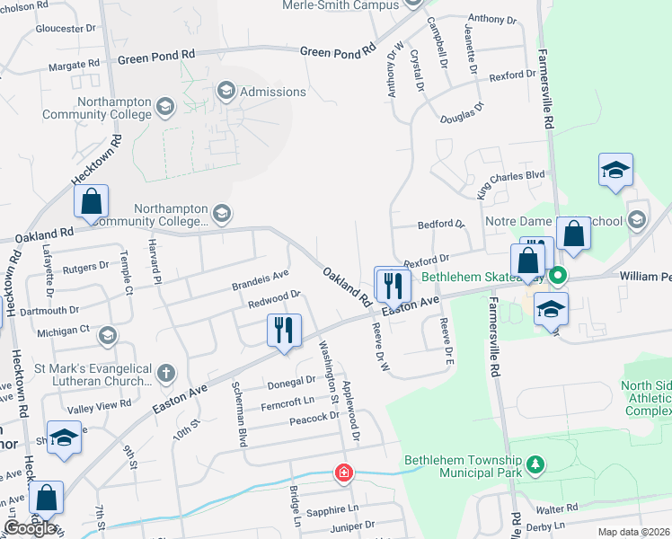 map of restaurants, bars, coffee shops, grocery stores, and more near 4142 Oakland Road in Bethlehem