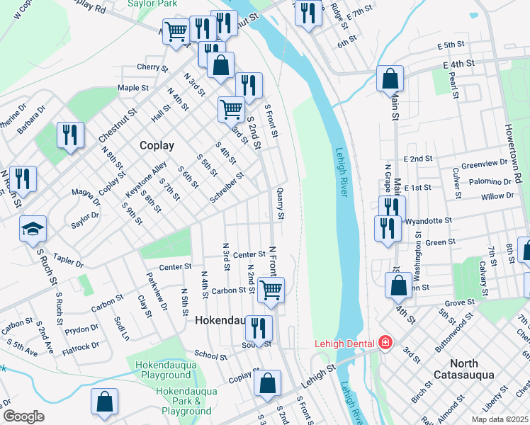 map of restaurants, bars, coffee shops, grocery stores, and more near 3405 North Front Street in Hokendauqua