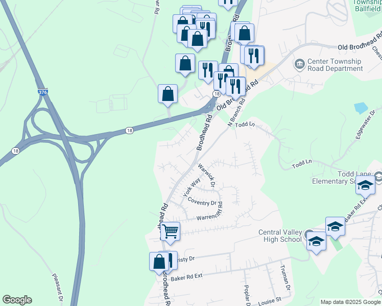 map of restaurants, bars, coffee shops, grocery stores, and more near 324 Brohios Drive in Monaca