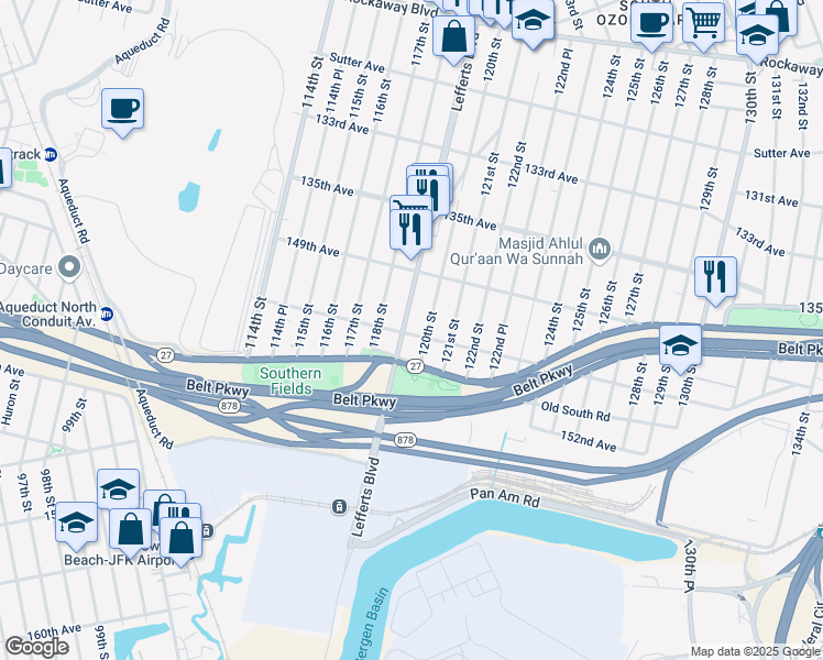 map of restaurants, bars, coffee shops, grocery stores, and more near 120-2 150th Avenue in Queens