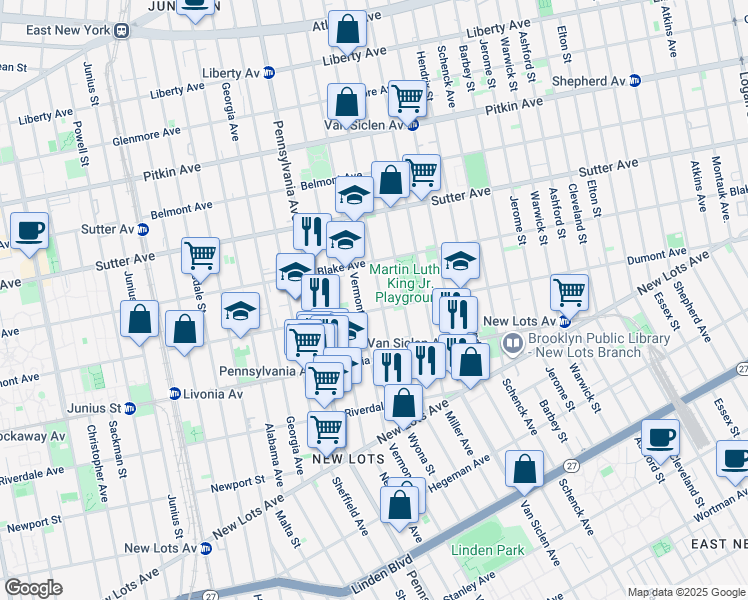 map of restaurants, bars, coffee shops, grocery stores, and more near 734 Dumont Avenue in Brooklyn