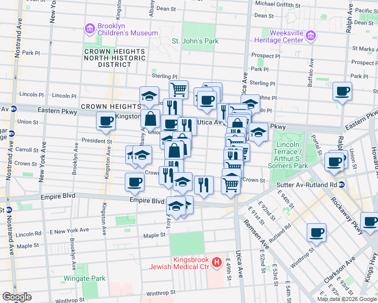 map of restaurants, bars, coffee shops, grocery stores, and more near 1582 President Street in Brooklyn