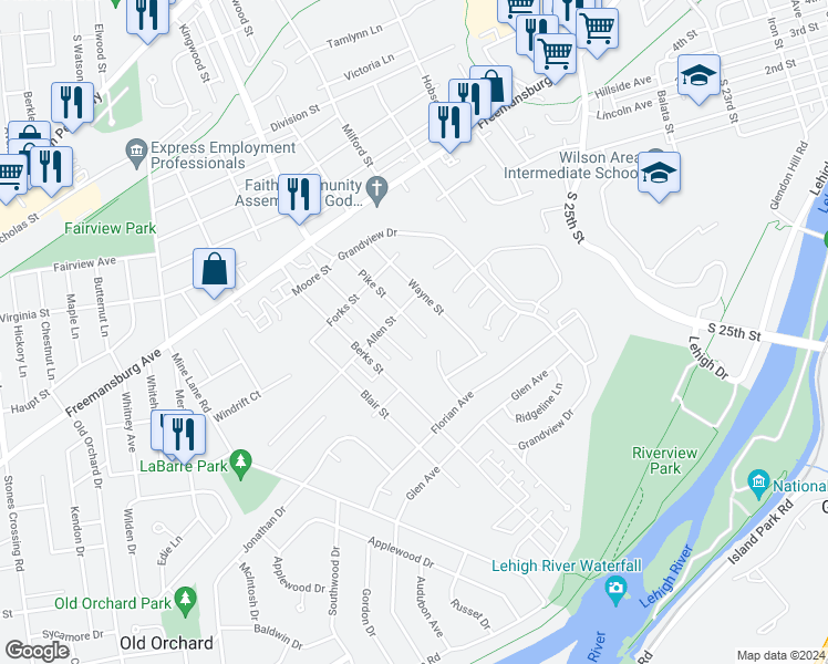 map of restaurants, bars, coffee shops, grocery stores, and more near 325 Pike Street in Easton