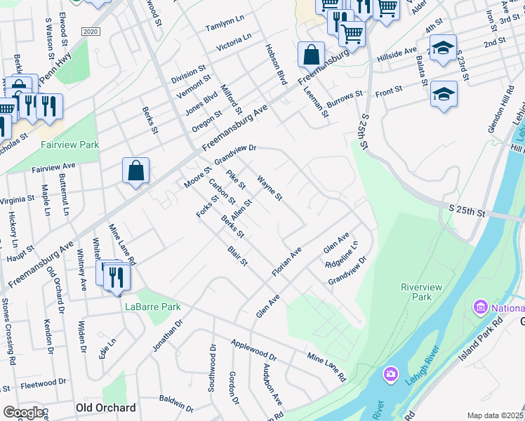 map of restaurants, bars, coffee shops, grocery stores, and more near 325 Pike Street in Easton