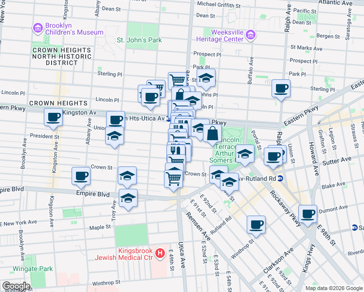 map of restaurants, bars, coffee shops, grocery stores, and more near Utica Ave & President St in Brooklyn