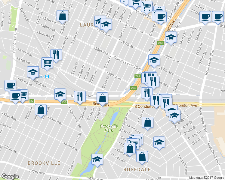 map of restaurants, bars, coffee shops, grocery stores, and more near 232-09 Mentone Avenue in Queens