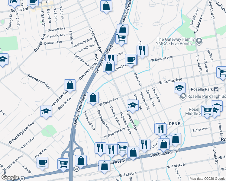 map of restaurants, bars, coffee shops, grocery stores, and more near 363 Maplewood Avenue in Kenilworth