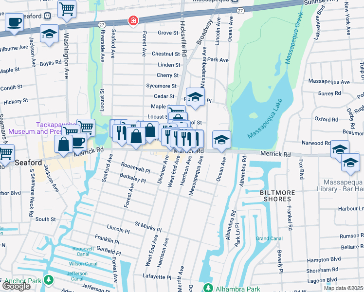 map of restaurants, bars, coffee shops, grocery stores, and more near 4306-4318 Merrick Road in Massapequa