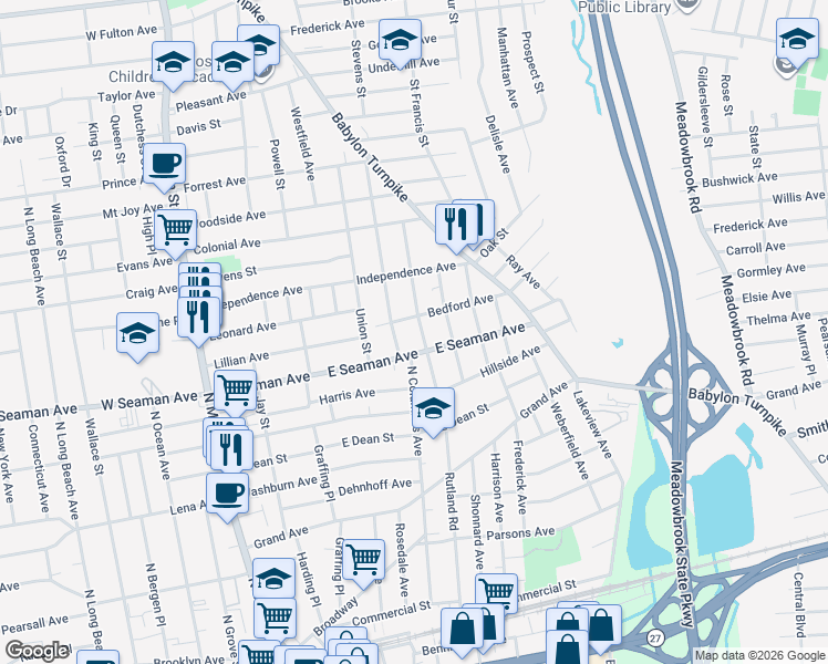 map of restaurants, bars, coffee shops, grocery stores, and more near 196 East Seaman Avenue in Freeport