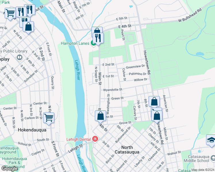 map of restaurants, bars, coffee shops, grocery stores, and more near 1670 Washington Street in Catasauqua