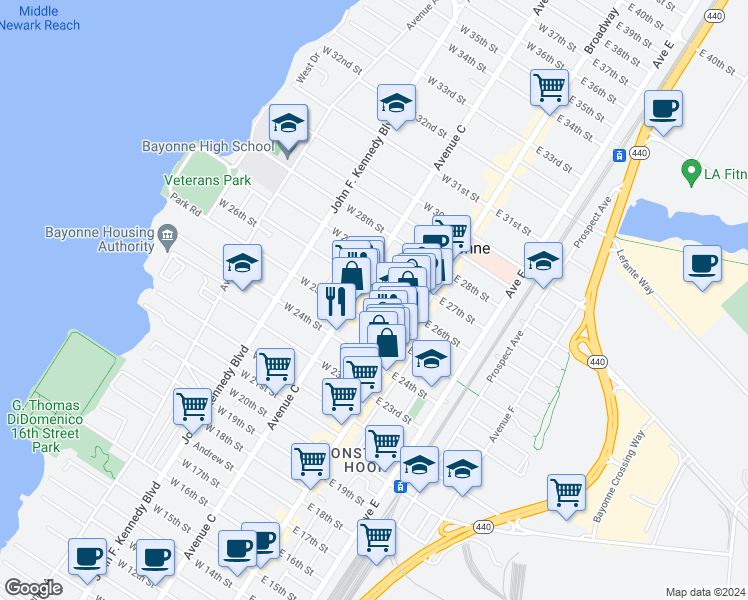 map of restaurants, bars, coffee shops, grocery stores, and more near 40 West 26th Street in Bayonne