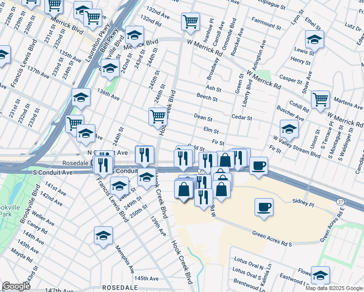map of restaurants, bars, coffee shops, grocery stores, and more near 5 Fulton Place in Valley Stream