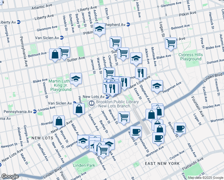 map of restaurants, bars, coffee shops, grocery stores, and more near 933 Livonia Avenue in Brooklyn