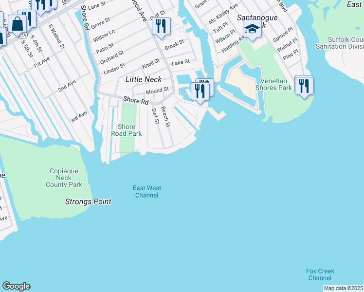 map of restaurants, bars, coffee shops, grocery stores, and more near 49 Bayview Avenue West in Lindenhurst