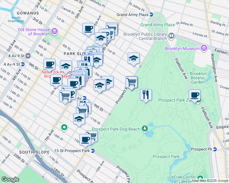 map of restaurants, bars, coffee shops, grocery stores, and more near 593 6th Street in Brooklyn