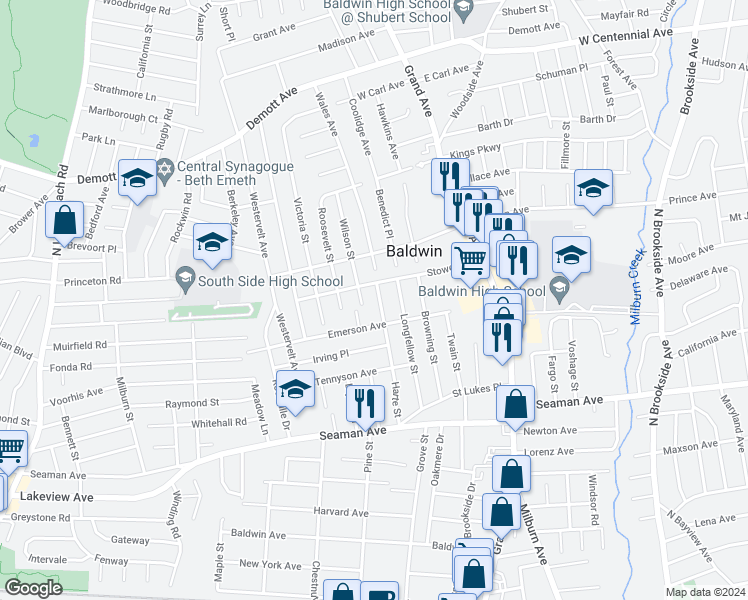 map of restaurants, bars, coffee shops, grocery stores, and more near 1756 Harte Street in Baldwin