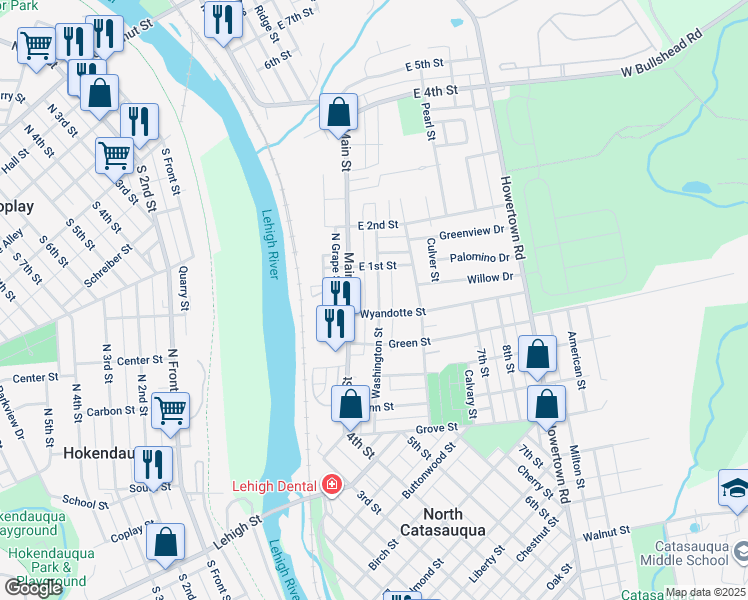 map of restaurants, bars, coffee shops, grocery stores, and more near 1670 Washington Street in Catasauqua