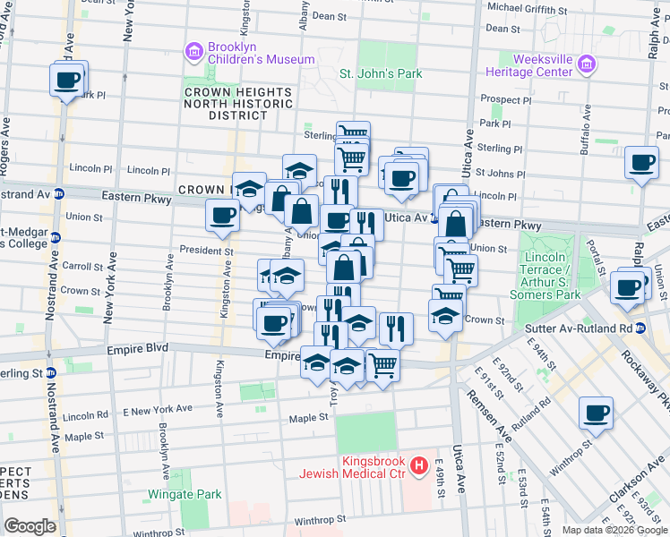 map of restaurants, bars, coffee shops, grocery stores, and more near 1544 President Street in Brooklyn