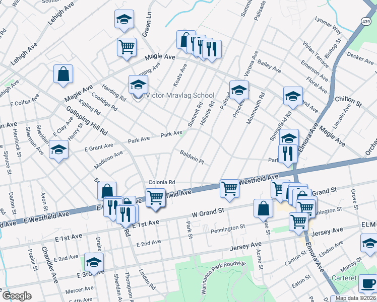 map of restaurants, bars, coffee shops, grocery stores, and more near 40 Hillside Road in Elizabeth