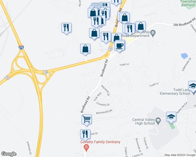 map of restaurants, bars, coffee shops, grocery stores, and more near 109 Katerina Drive in Monaca