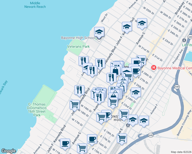 map of restaurants, bars, coffee shops, grocery stores, and more near West 24th Street in Bayonne