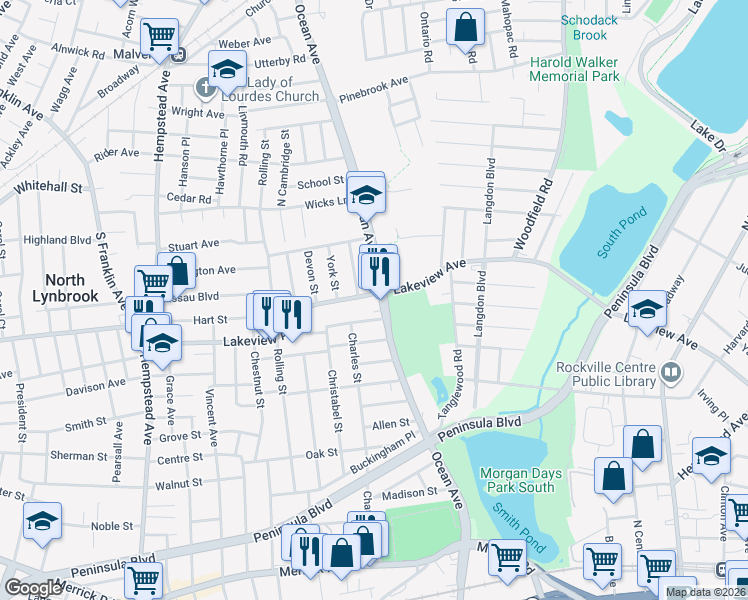 map of restaurants, bars, coffee shops, grocery stores, and more near 2 Ocean Avenue in Lynbrook