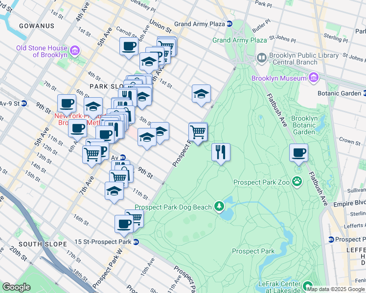map of restaurants, bars, coffee shops, grocery stores, and more near 94 Prospect Park West in Brooklyn