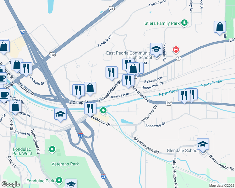 map of restaurants, bars, coffee shops, grocery stores, and more near 201 Keayes Avenue in East Peoria