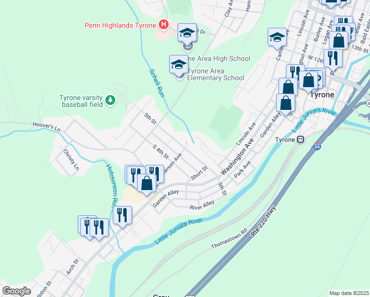 map of restaurants, bars, coffee shops, grocery stores, and more near Jefferson Avenue in Tyrone