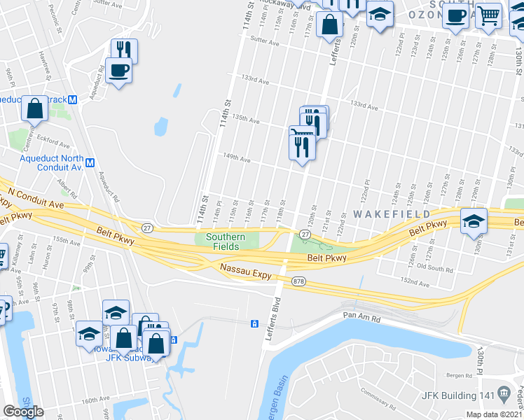 map of restaurants, bars, coffee shops, grocery stores, and more near 116-18 150th Avenue in Queens