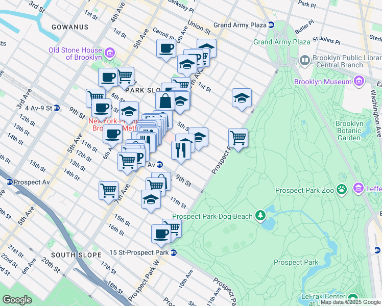 map of restaurants, bars, coffee shops, grocery stores, and more near 615 8th Avenue in Brooklyn